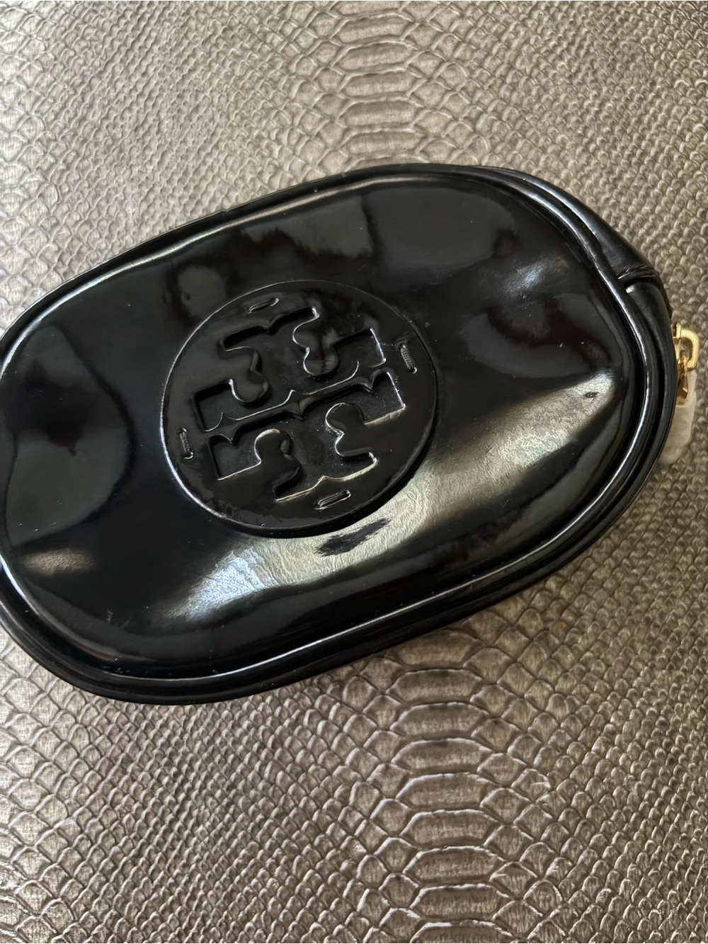 Tory Burch Black Patent Logo Zip Pouch,makeup case whatever u would want